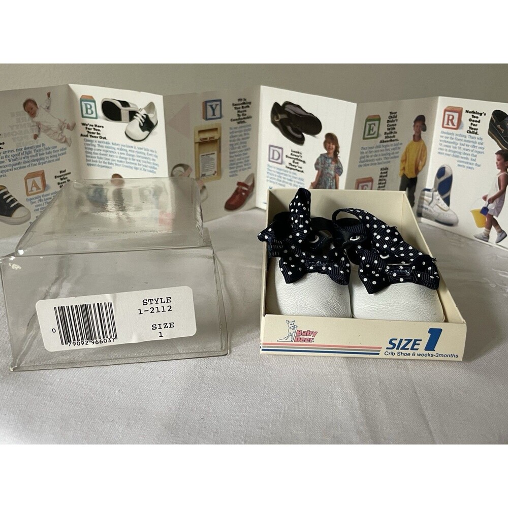 Vintage Baby Deer White Blue Crib Shoes Polka Dot Bows Sz 6 weeks to 3 Mos NIB